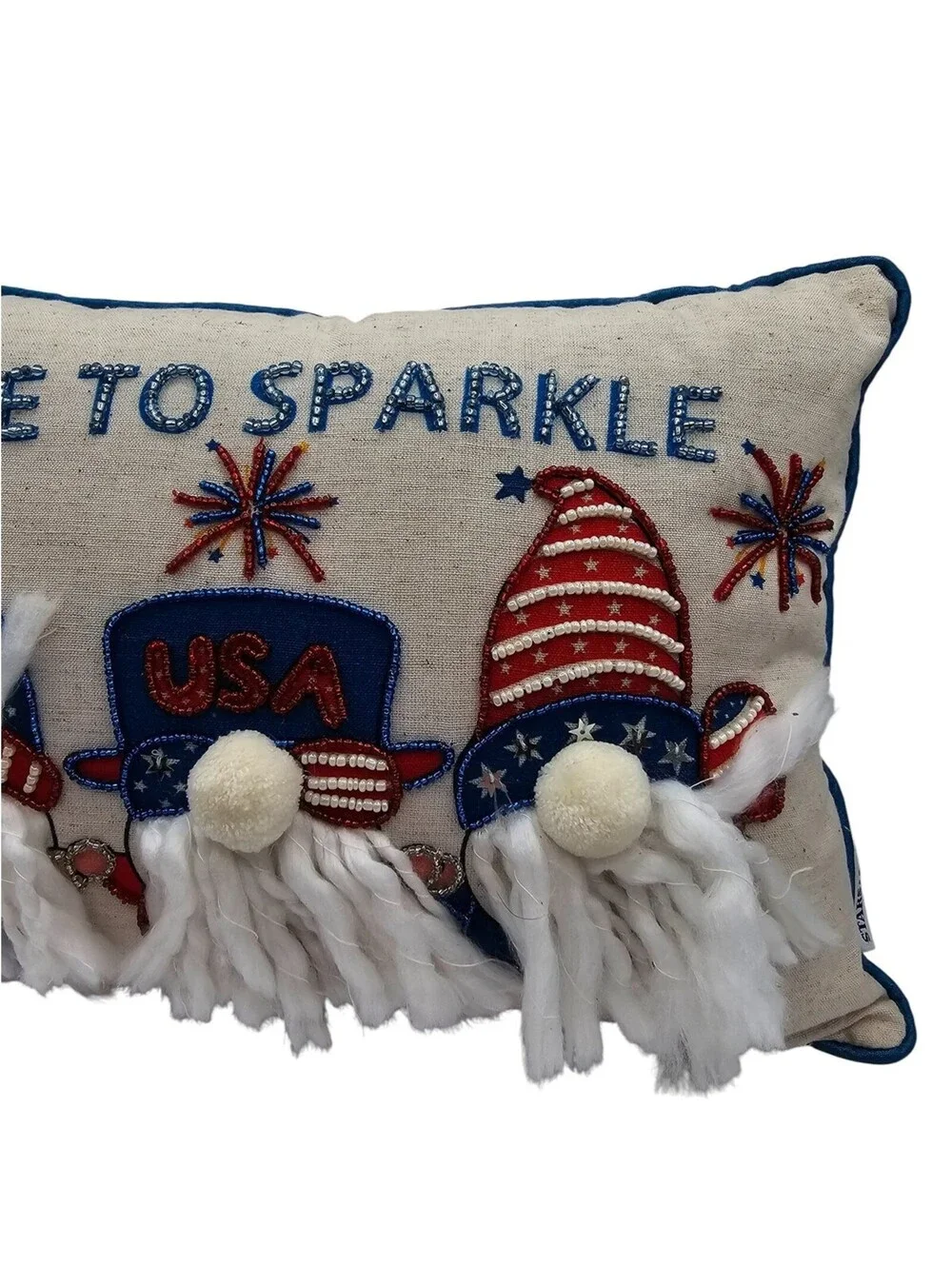 Stars and Stripes Patriotic Throw Pillow Gnome Free To Sparkle Beaded